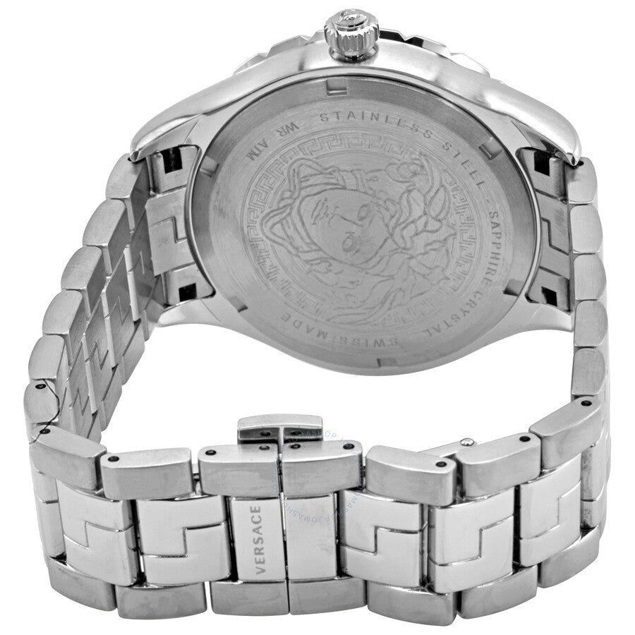 Stainless steel caseback of Versace Hellenyium GMT watch with engraved Medusa logo