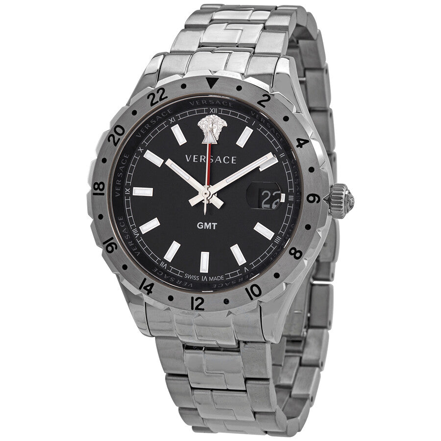 Versace Hellenyium GMT black dial men's watch with stainless steel case and bracelet