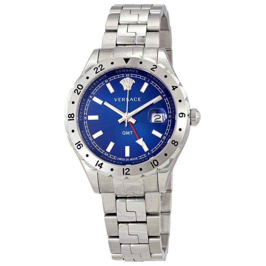 Versace Hellenyium GMT blue dial men's watch with stainless steel bracelet and rotating bezel