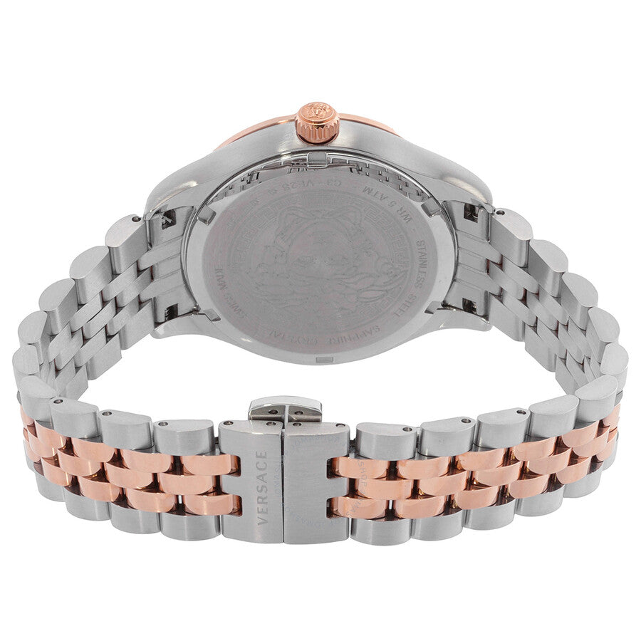 Caseback view of Versace Hellenyium ladies watch with stainless steel and rose gold two-tone bracelet