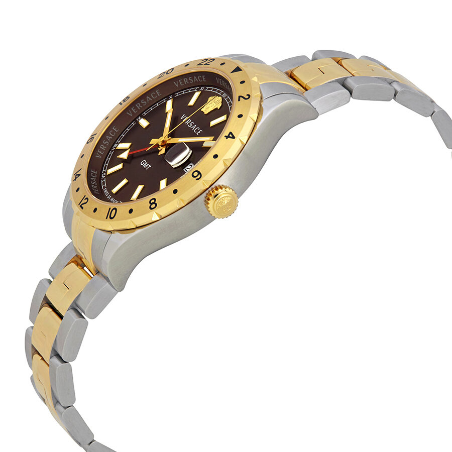Side angle view of Versace Hellenyium two-tone watch with brown dial and alternating gold and steel bracelet