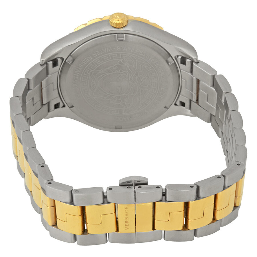 Caseback of Versace Hellenyium watch showing stainless steel case with gold plated accents