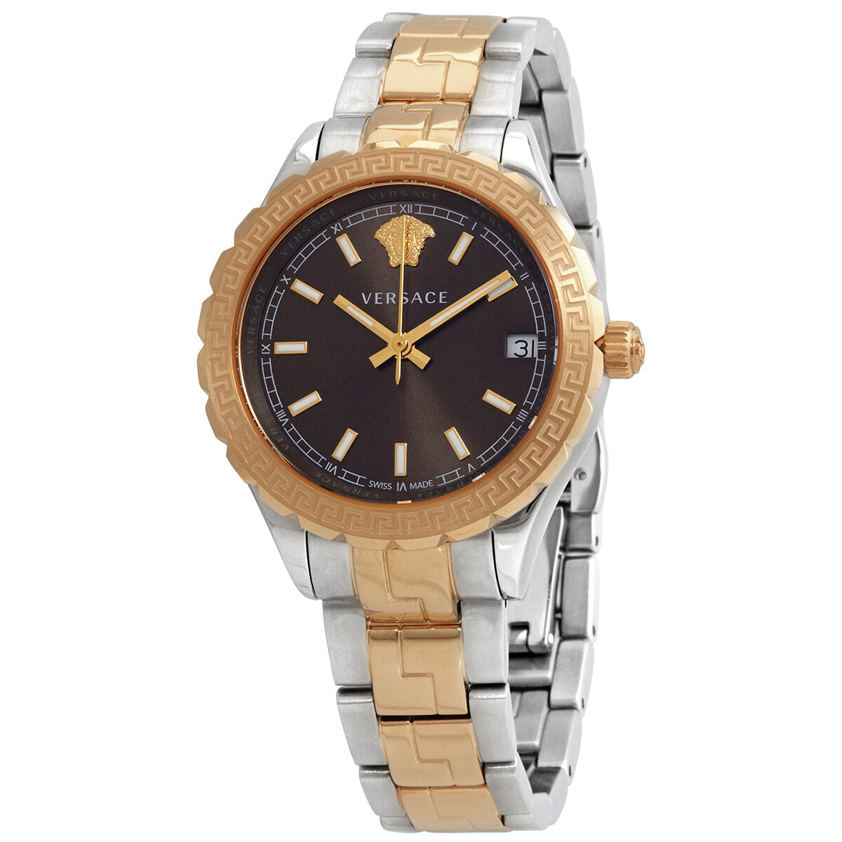 Versace Hellenyium quartz ladies watch with brown dial and two-tone steel and rose gold bracelet