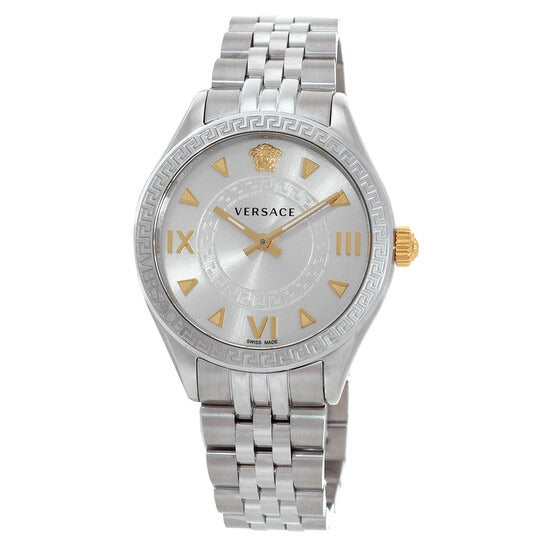 Versace Hellenyium ladies watch angled view showing dial and stainless steel bracelet