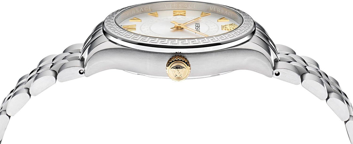 Versace Hellenyium watch caseback view showing stainless steel bracelet lugs