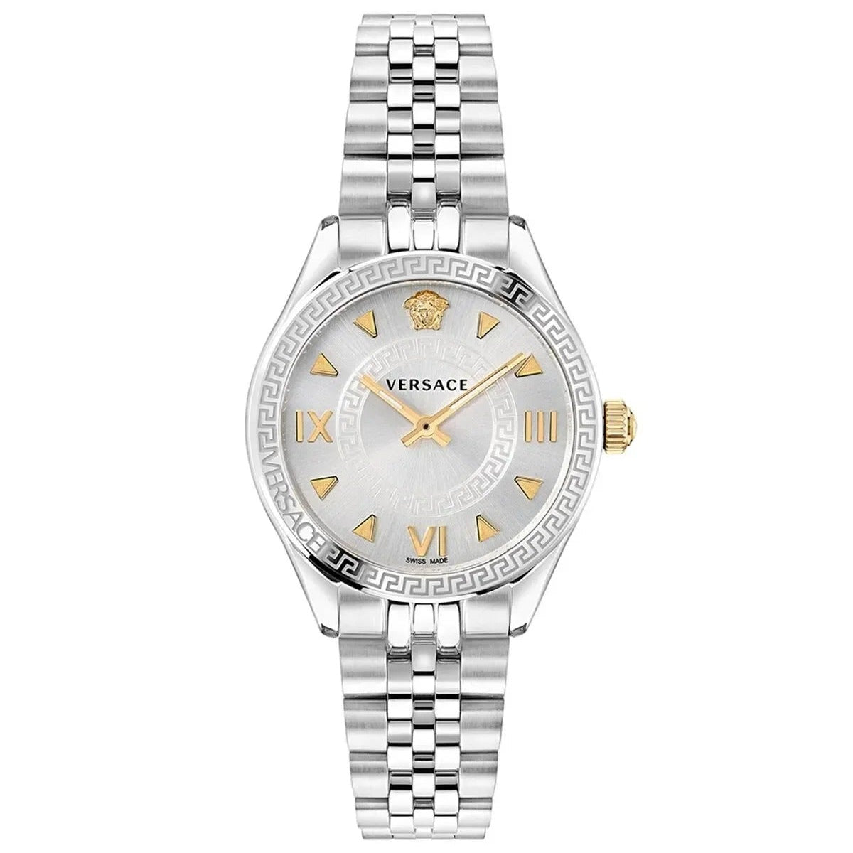 Versace Hellenyium quartz watch with silver sunray dial and gold-tone numerals