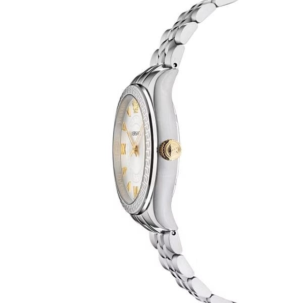 Versace Hellenyium ladies watch side profile showing case thickness and stainless steel bracelet