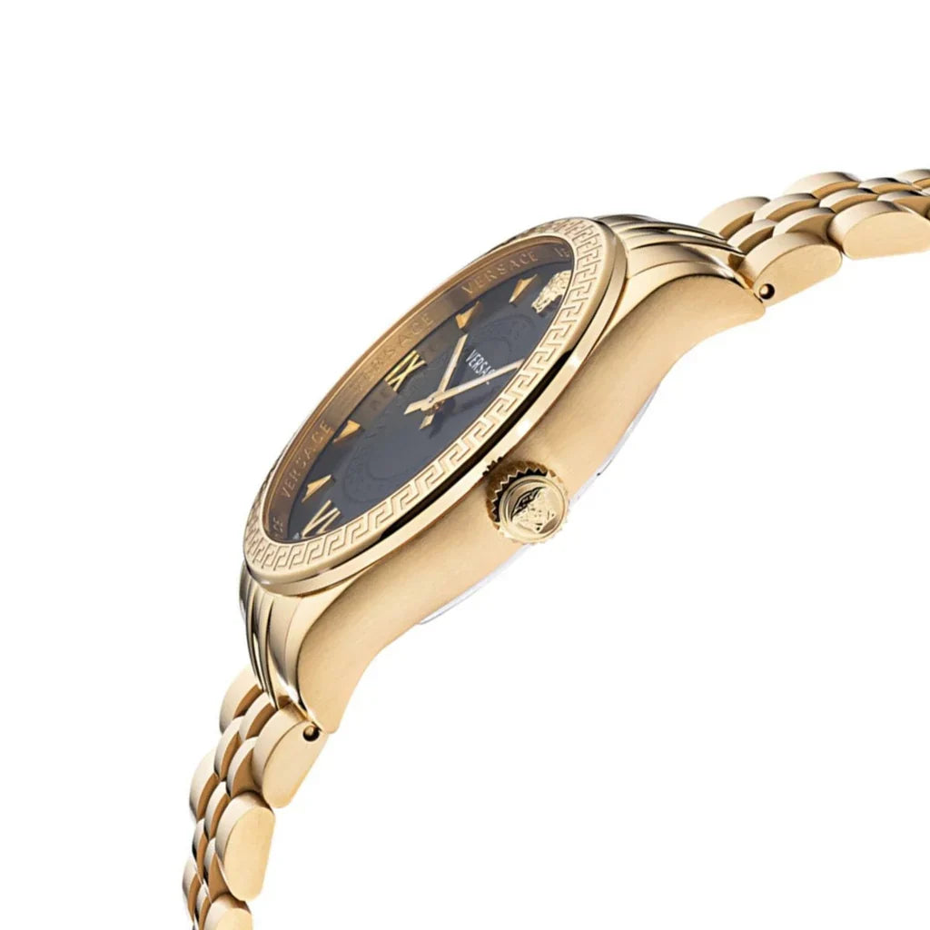 Versace Hellenyium watch worn angle view showing black dial and case details