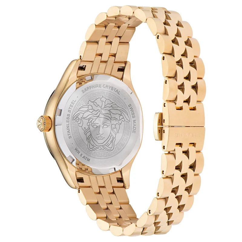 Versace Hellenyium watch shown from angle view with bracelet and caseback