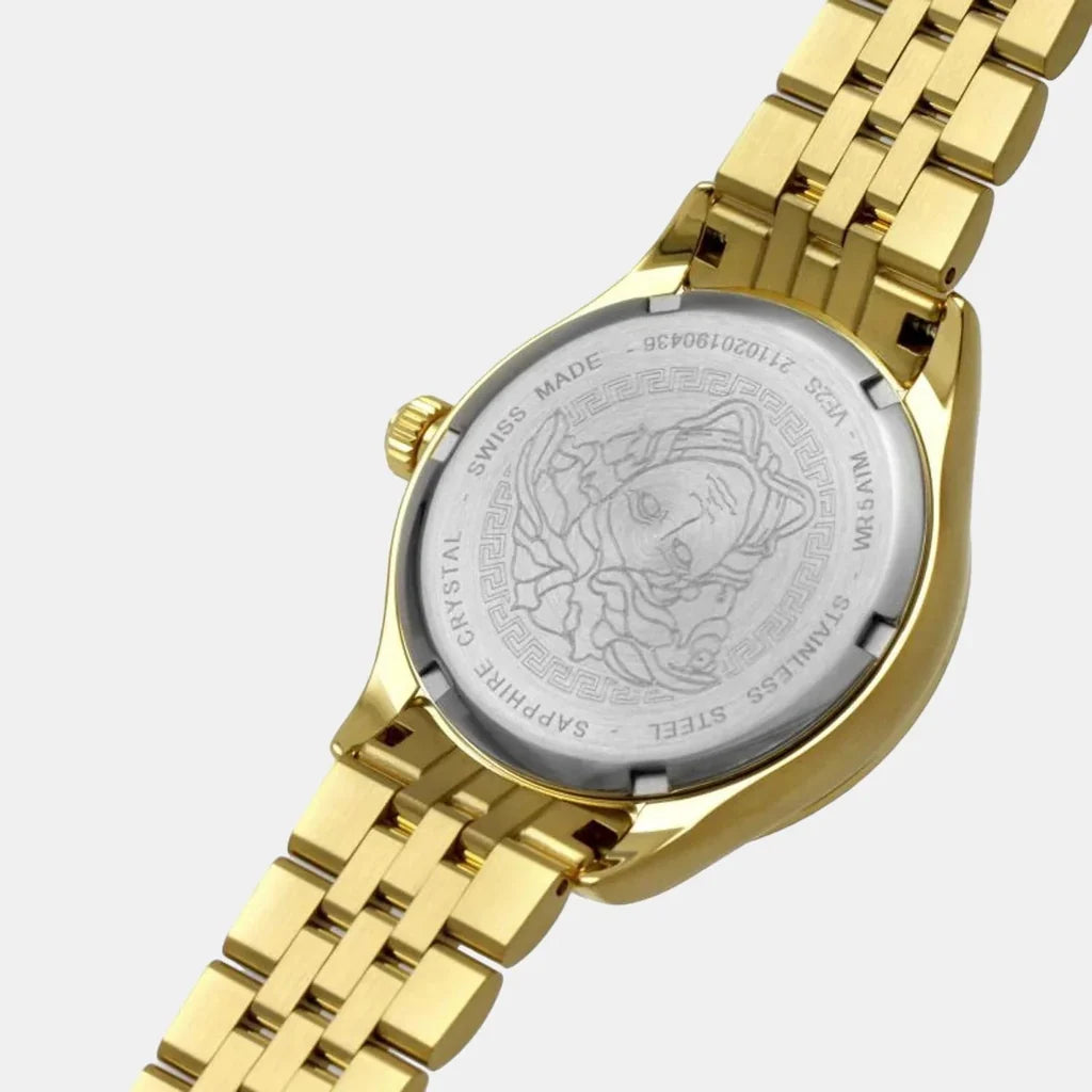 Versace Hellenyium caseback showing medusa head medallion and sapphire crystal