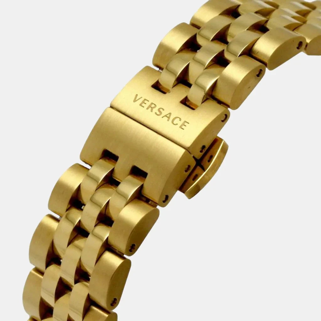 Versace Hellenyium gold-tone bracelet detail with VERSACE engraved clasp