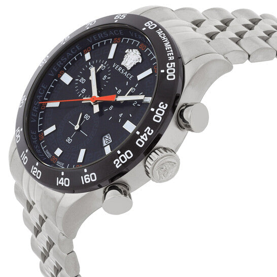 Angled view of Versace Hellenyium chronograph showing black dial and stainless steel three-link bracelet