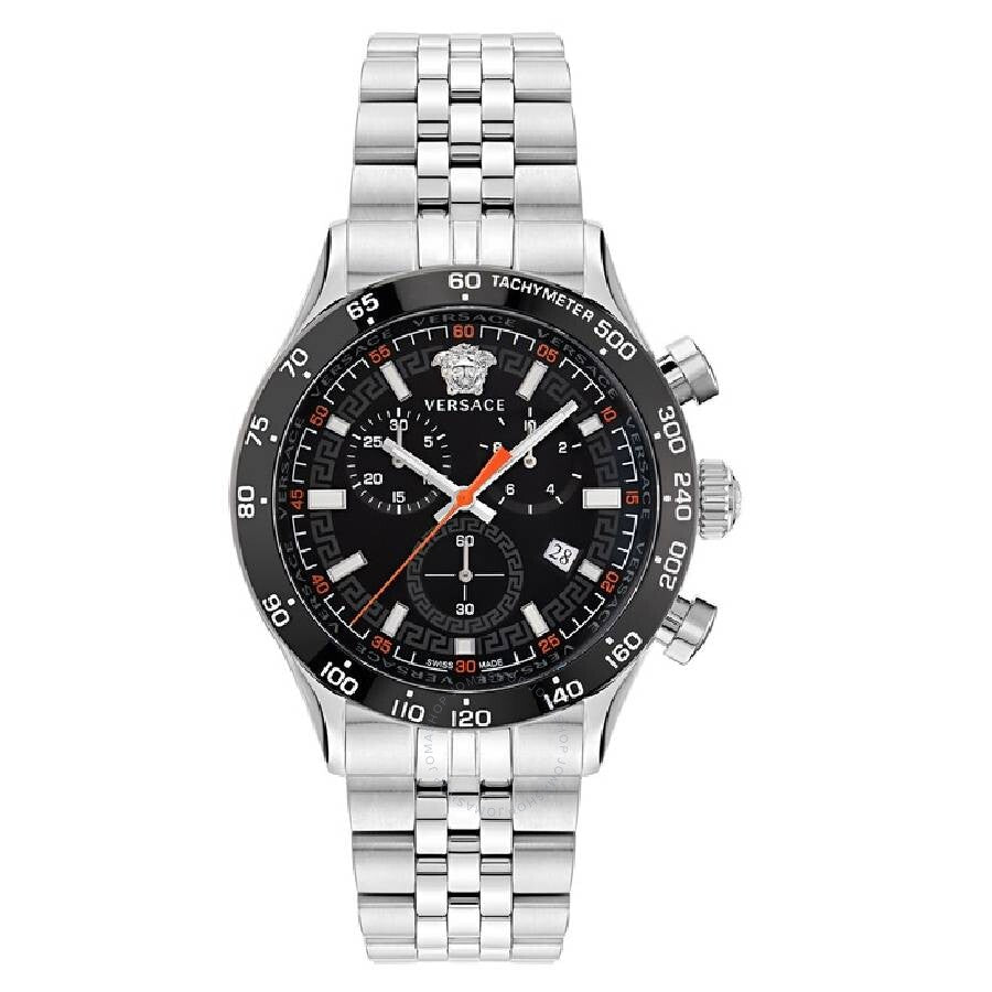Versace Hellenyium chronograph watch with black dial, stainless steel bracelet, and orange chronograph hand