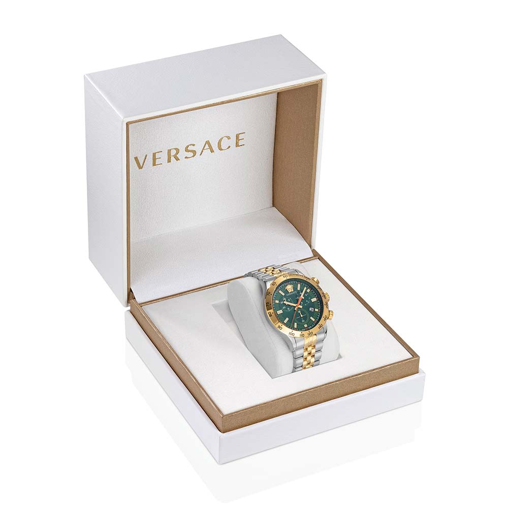 Versace Hellenyium chronograph watch in two-tone finish displayed in official Versace presentation box