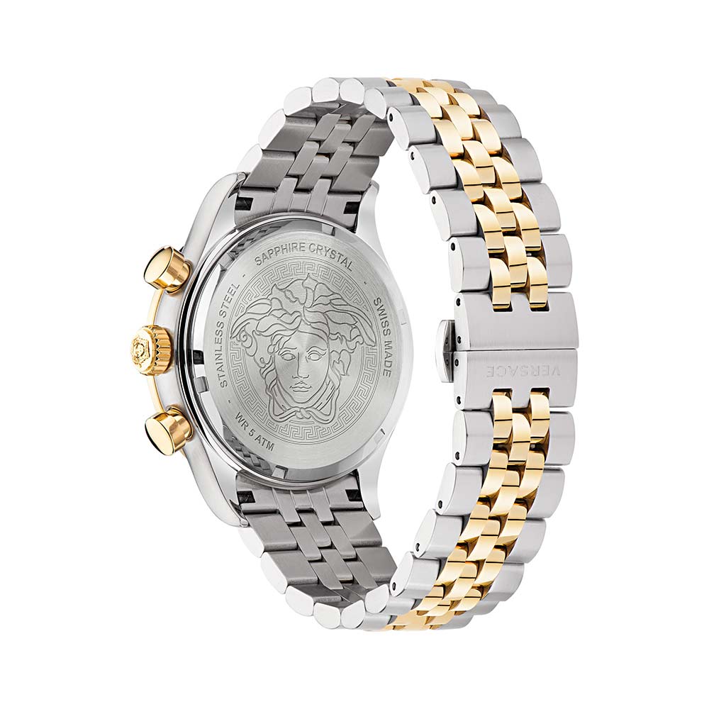 Caseback showing Versace Medusa medallion and sapphire crystal detail on two-tone bracelet