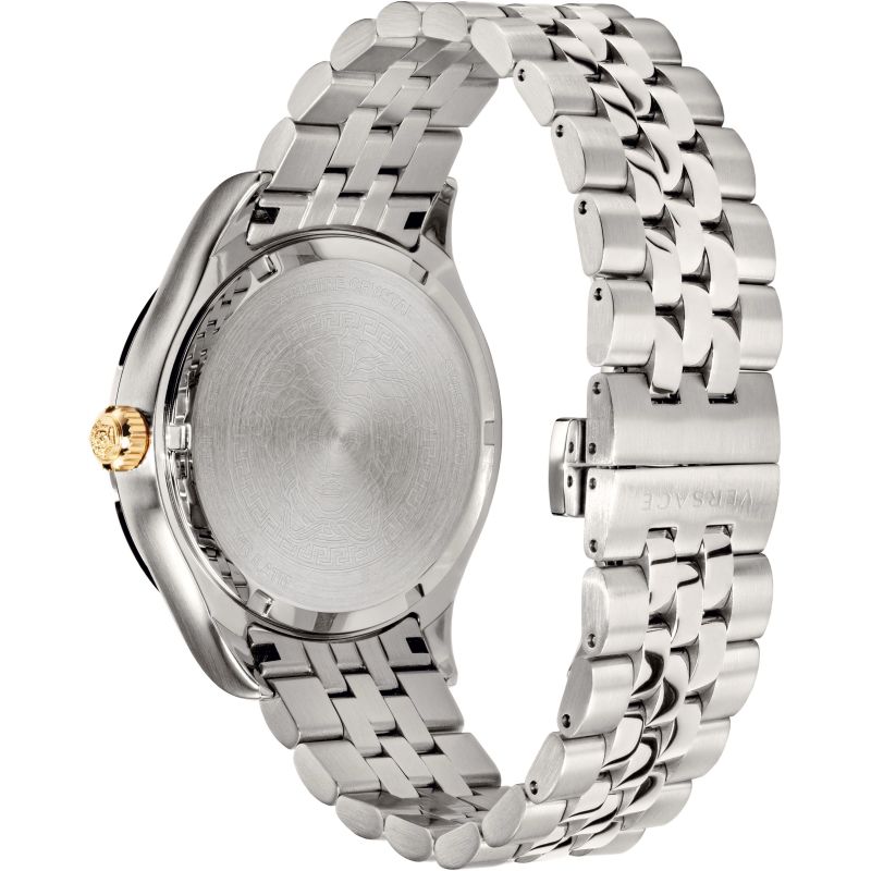 Caseback view of Versace Hellenyium silver watch showing brushed stainless steel