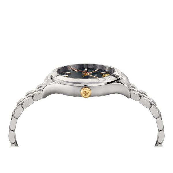 Side profile of Versace Hellenyium watch showing case and stainless steel bracelet