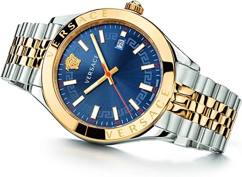 Versace Hellenyium watch angled view showing blue dial and two-tone metal bracelet