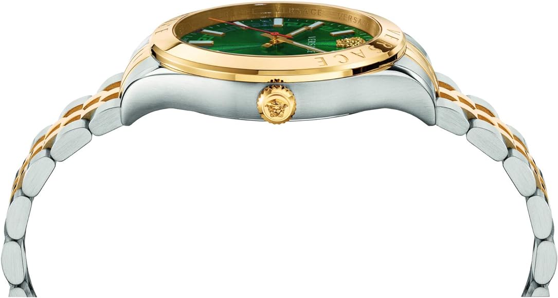 Side angle view of Versace Hellenyium watch showing gold bezel and green dial