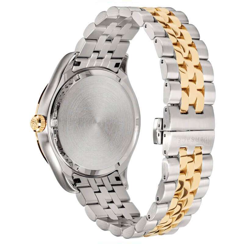 Caseback and two-tone bracelet of Versace Hellenyium watch with stainless steel and gold