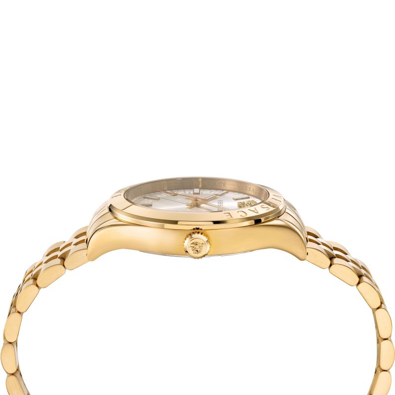 Side profile of Versace Hellenyium gold watch showing case and bracelet thickness