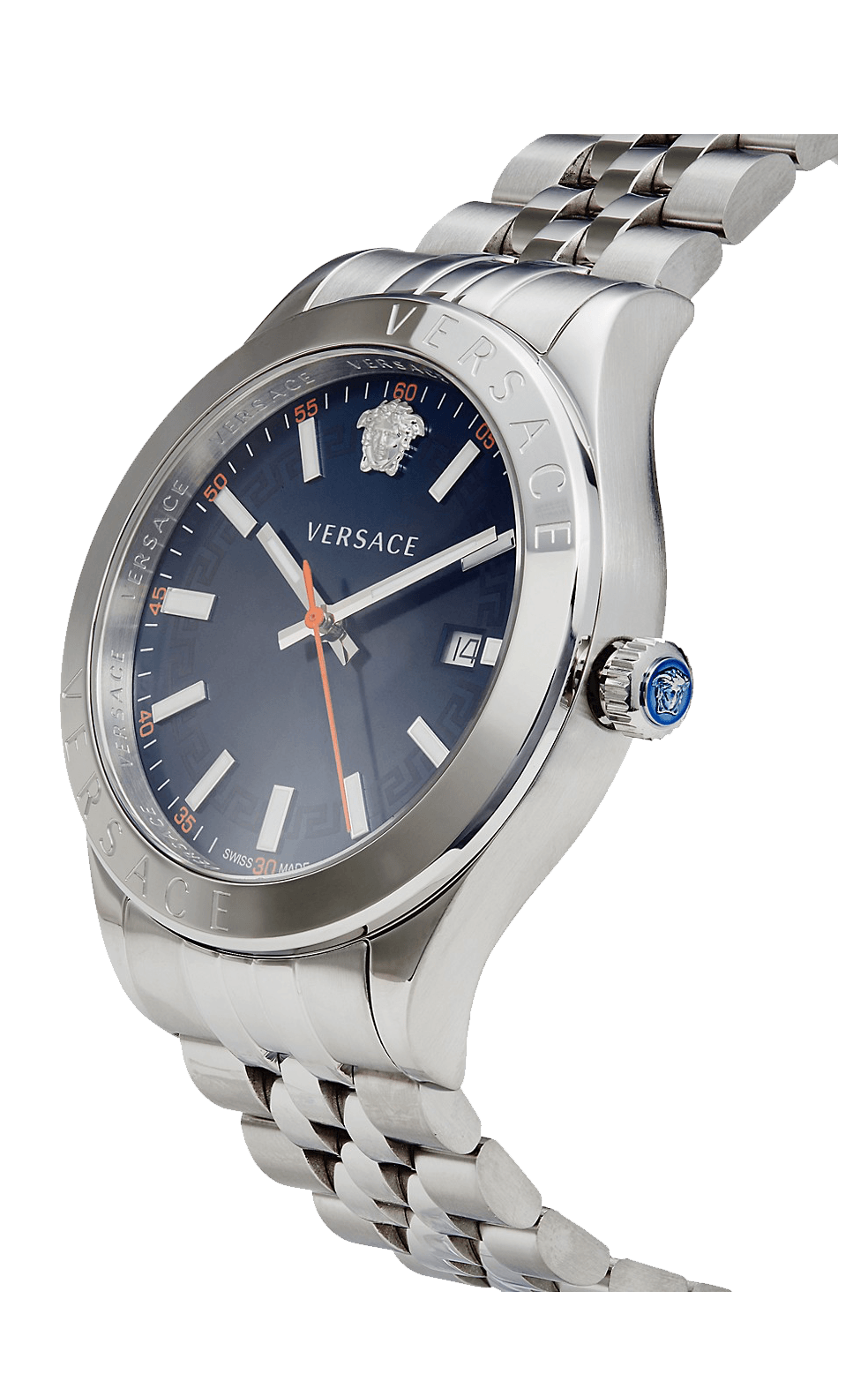 Versace Hellenyium watch side profile showing silver bracelet and blue dial with date window