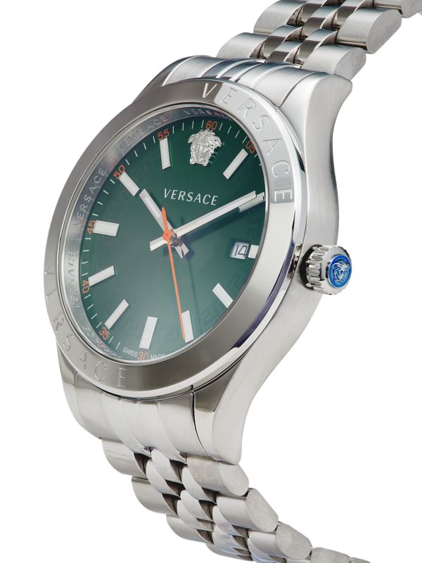 Versace Hellenyium watch angle view showing green dial, Medusa logo and blue crown