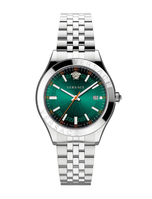 Versace Hellenyium men's watch with green dial and silver stainless steel bracelet