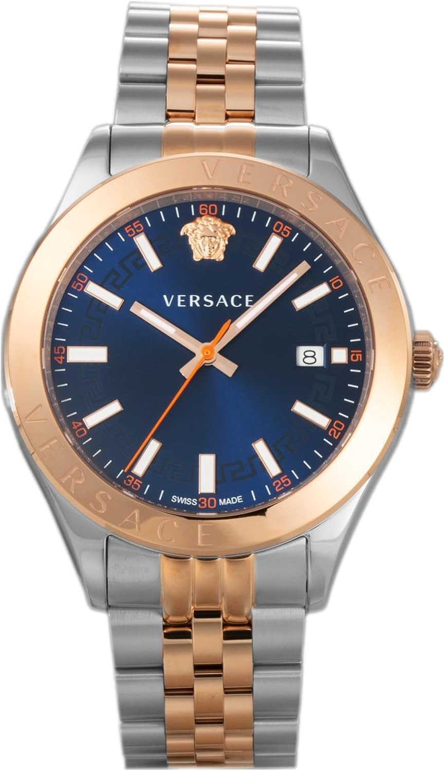 Versace Hellenyium watch with blue dial, rose gold bezel, and two-tone steel bracelet