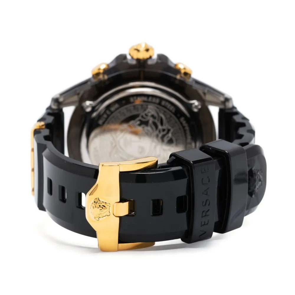 Caseback of Versace Icon Active Chrono showing Medusa medallion and sapphire crystal