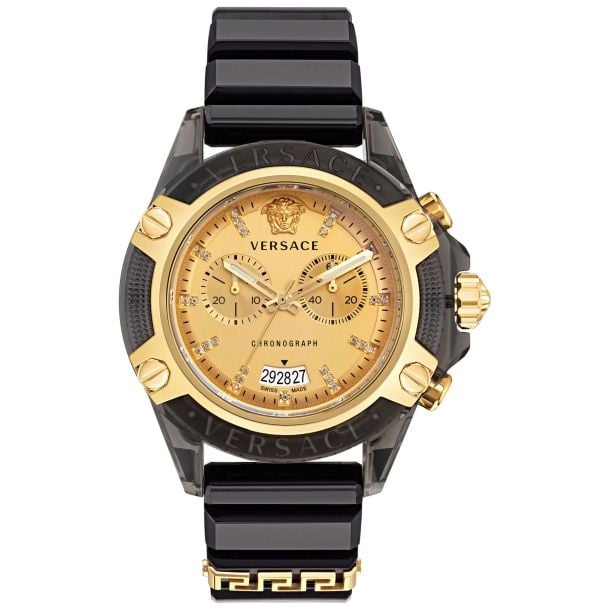 Versace Icon Active Chrono unisex watch with chronograph subdials and Greek key strap detail