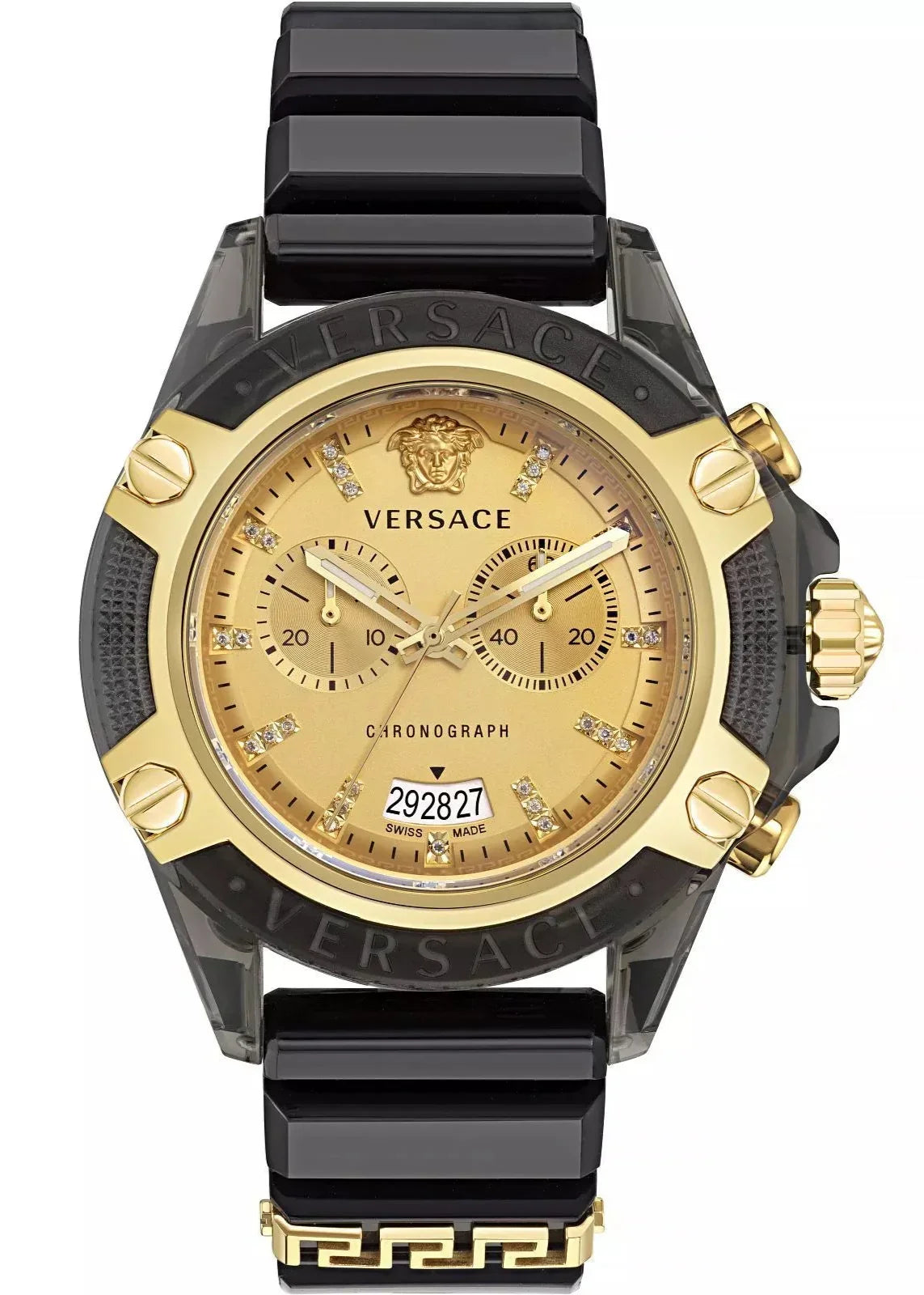 Versace Icon Active Chrono watch with gold dial, black silicone strap, and gold-tone case