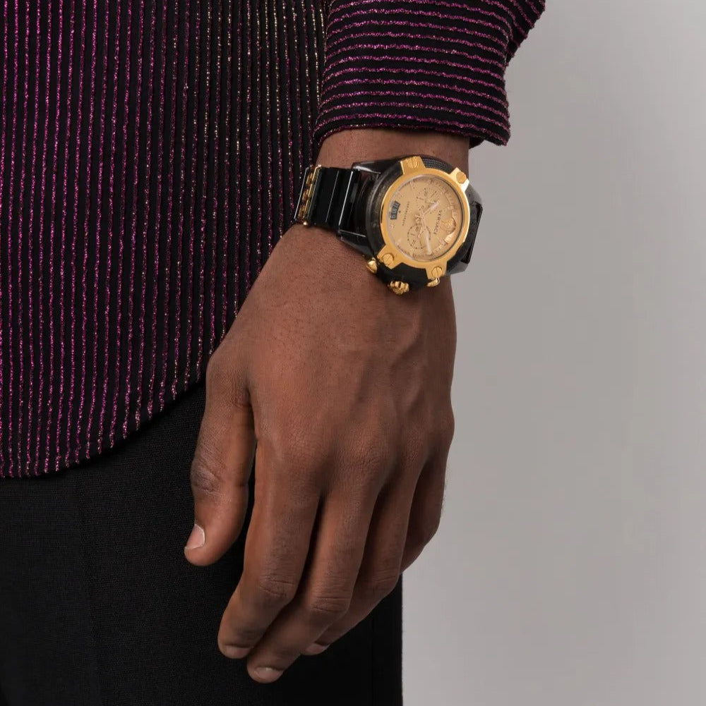 Versace Icon Active Chrono watch worn on wrist with black silicone strap