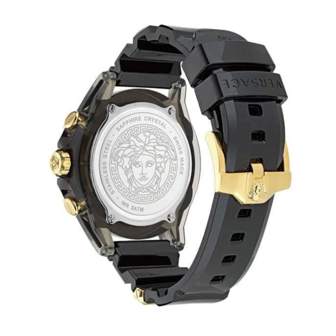 Side view of Versace Icon Active Chrono displaying caseback and black silicone strap