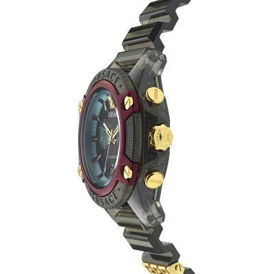 Side profile of Versace Icon Active chronograph showing case depth, black rubber strap and gold accents