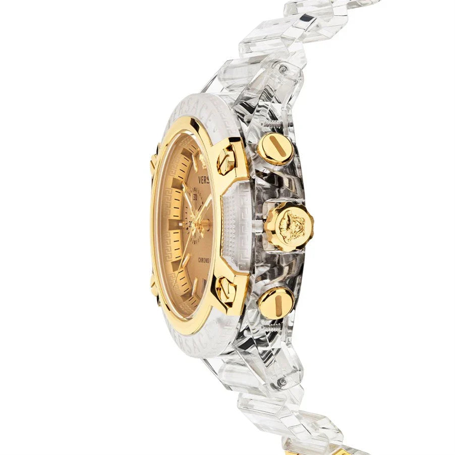 Versace Icon Active Chronograph with gold bezel, clear strap, and gold pushers, side angle view