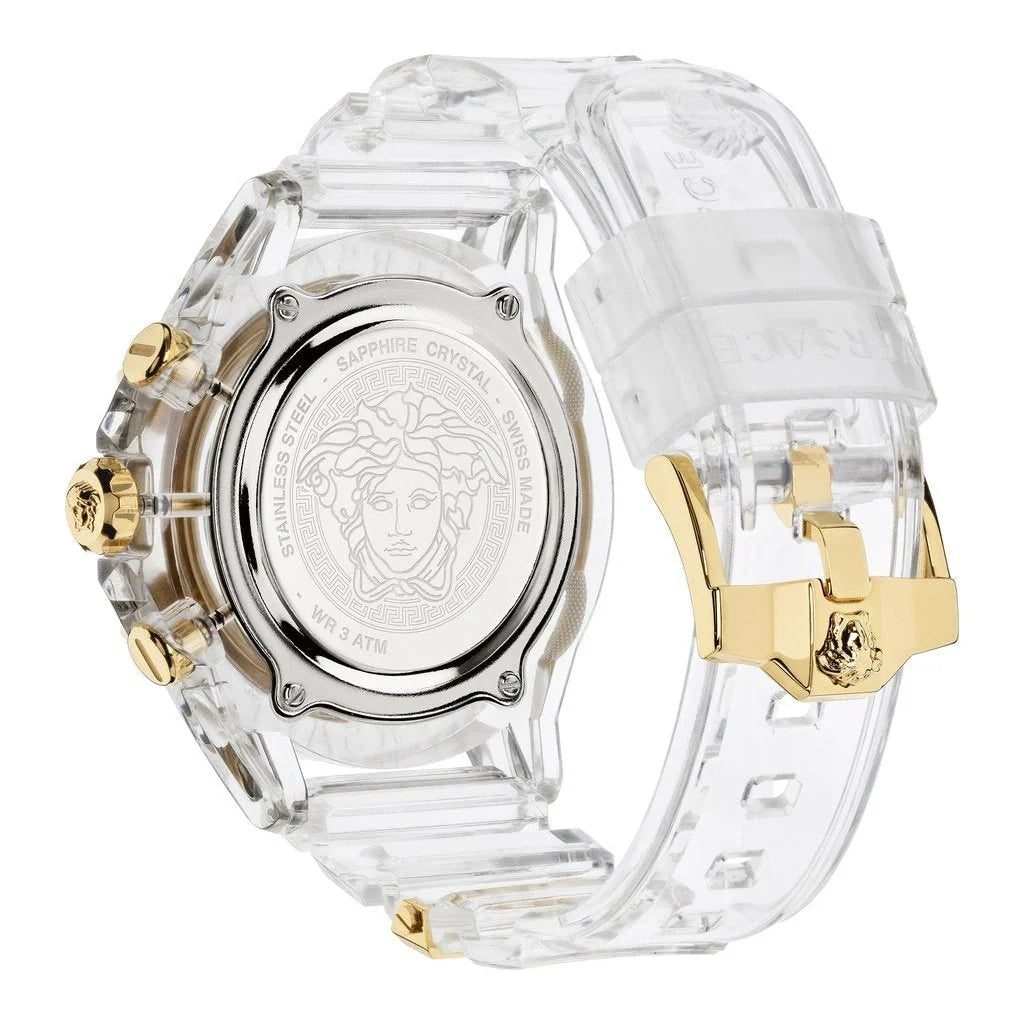 Versace Icon Active Chronograph caseback showing Medusa medallion and water resistance markings