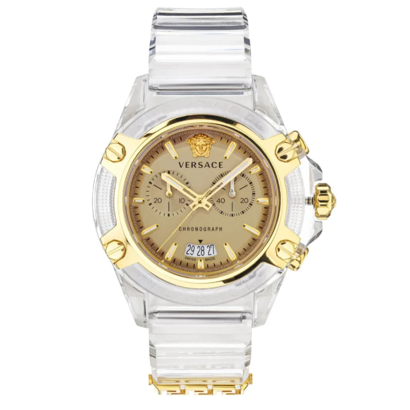 Versace Icon Active Chronograph watch with gold dial and white silicone strap, front view