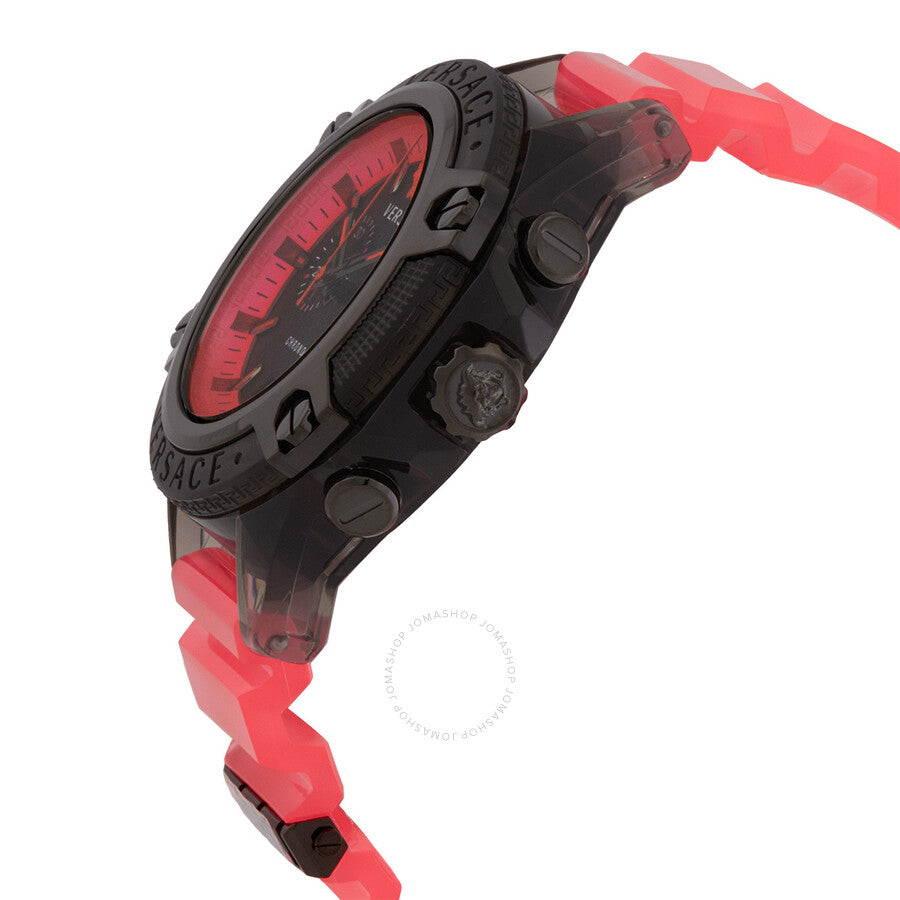 Versace Icon Active chronograph watch side view showing black case profile and red rubber strap