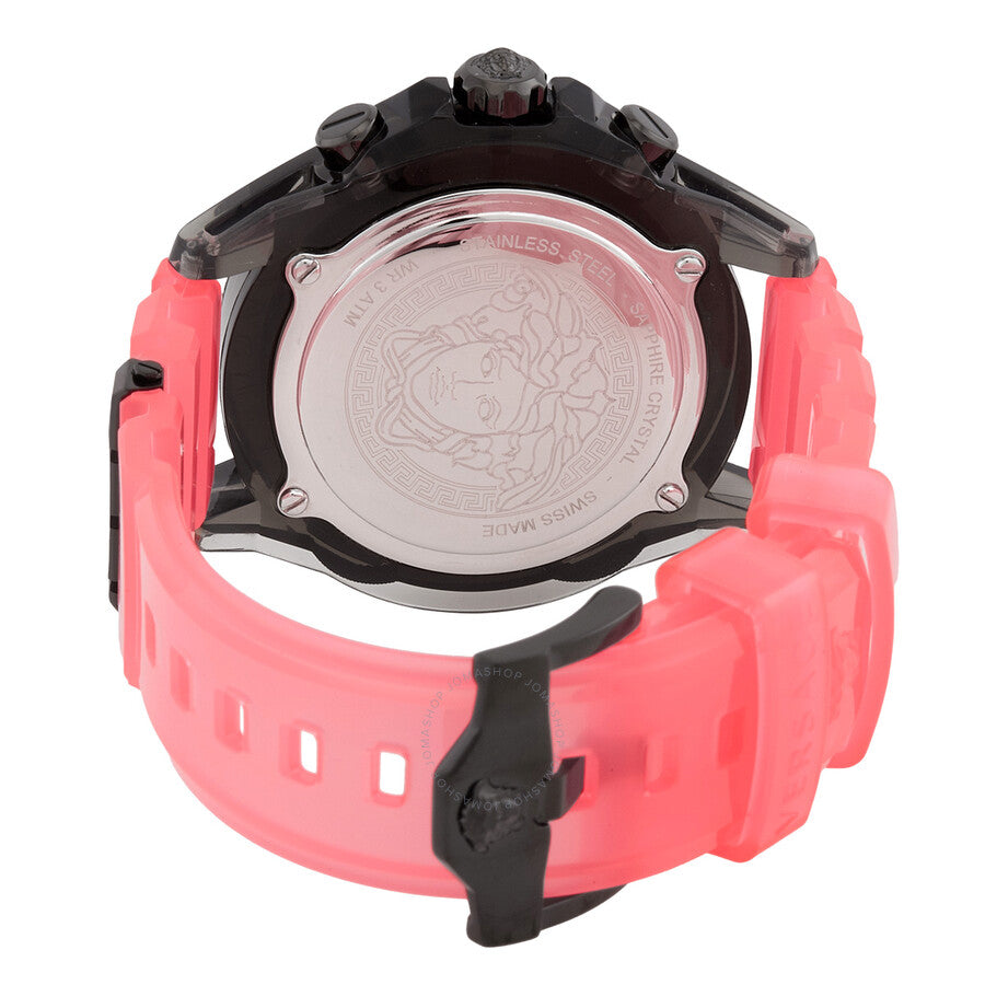 Versace Icon Active watch caseback showing stainless steel engraved medallion and red rubber strap