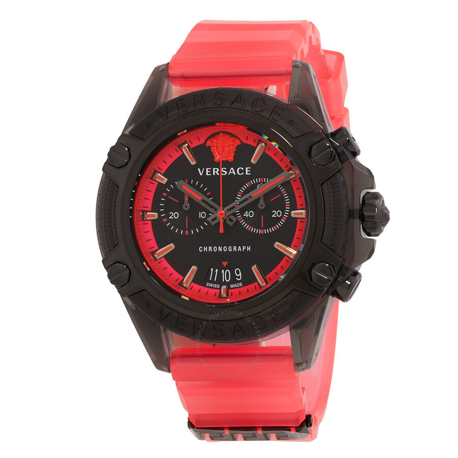 Versace Icon Active chronograph watch with black case and red rubber strap, black dial with red accents