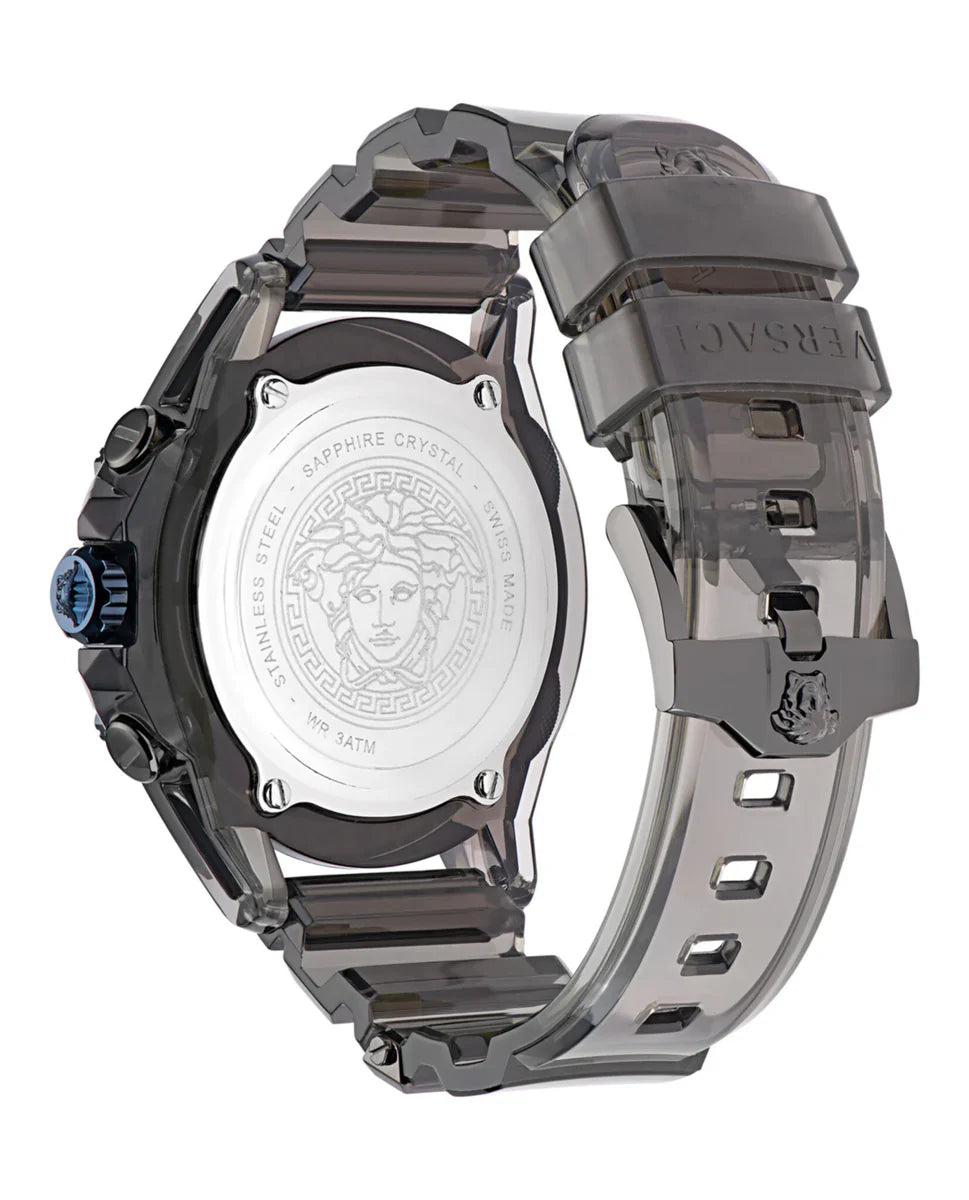 Versace Icon Active VEZ700622 caseback featuring Medusa head medallion and transparent black strap
