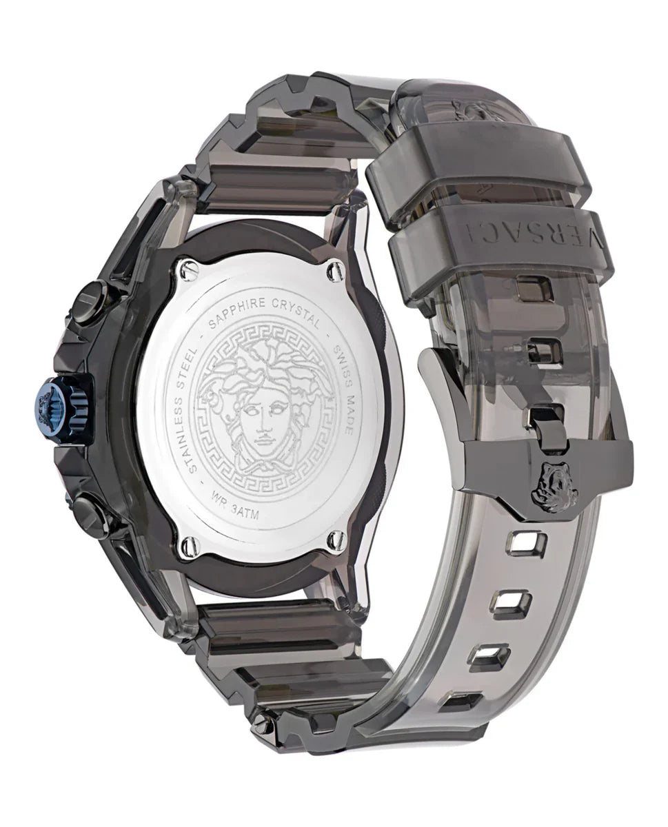 Versace Icon Active VEZ700622 caseback featuring Medusa head medallion and transparent black strap