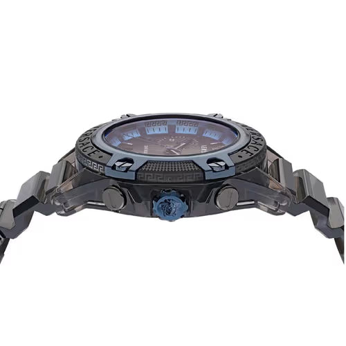 Top-down view of Versace Icon Active dial with chronograph subdials and blue accent details
