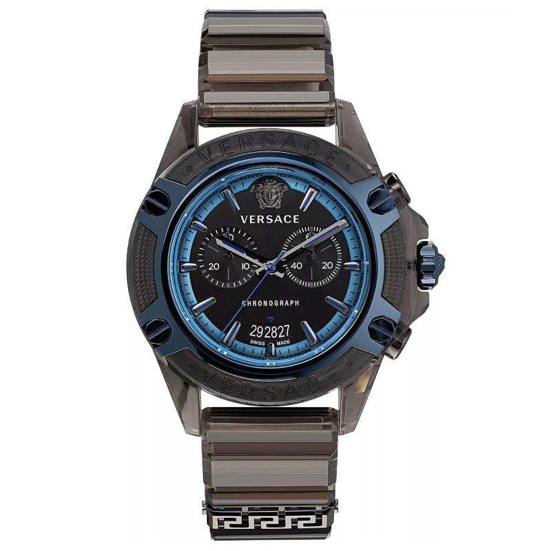 Versace Icon Active VEZ700622 chronograph watch with black matte dial, blue bezel, and transparent black silicone strap