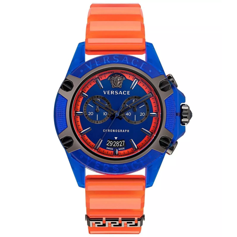 Versace Icon Active Chronograph Quartz Blue Dial Orange Rubber Strap Watch For Men - VEZ700922