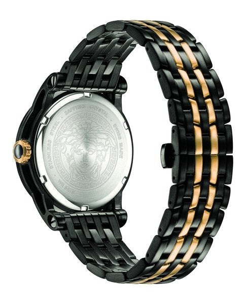 Case back view showing engraved Versace medallion on black ion plated watch with two-tone bracelet
