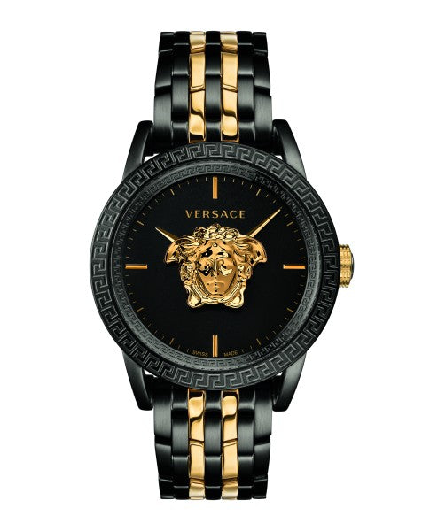 Versace men's watch with black dial, gold Medusa medallion, and two-tone black and gold bracelet