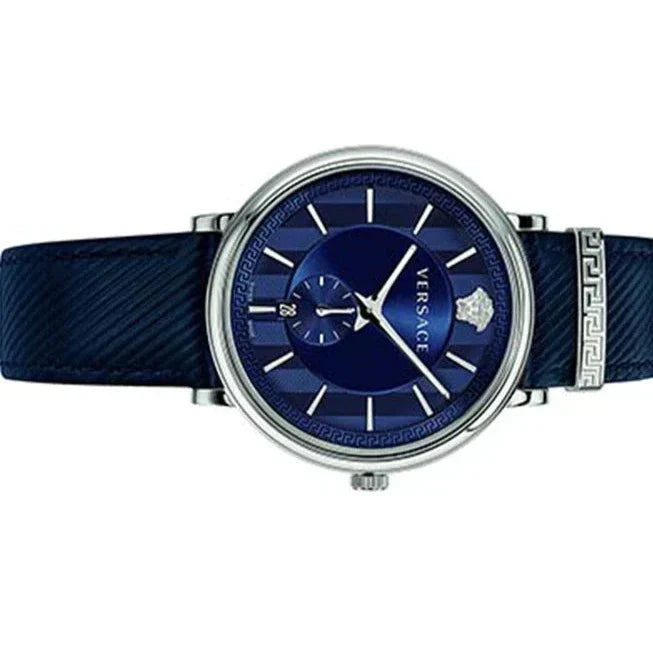 Versace Manifesto watch angled view showing blue leather strap and Greek key bezel detail