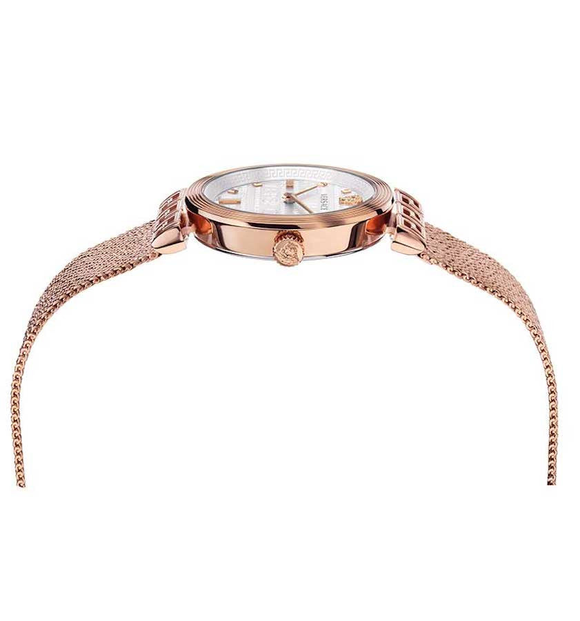Versace Meander watch displayed on angle showing rose gold case and mesh strap